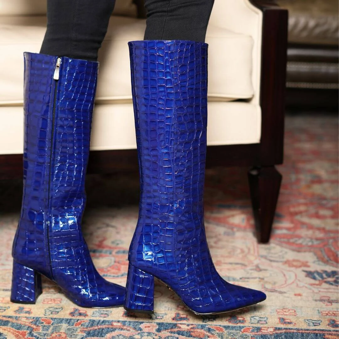 BROOKLYN 75 - Charol Azul Rey Regina Romero Zapato Bota Larga Tacon Alto Para Dama En Piel 4 BROOKLYN 75 - Charol Azul Rey Regina Romero Zapato Bota Larga Tacon Alto Para Dama En Piel - Imagen 4