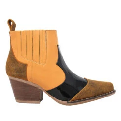 MADDIE 60 Edicion Limitada - Charol Negro Y Miel Regina Romero Zapato Bota Botin Tacon Bajo Para Dama En Piel