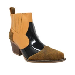 MADDIE 60 Edicion Limitada - Charol Negro Y Miel Regina Romero Zapato Bota Botin Tacon Bajo Para Dama En Piel -Reginaromero Tienda de ventas Regina Romero bota botin Maddie miel charol negro 2