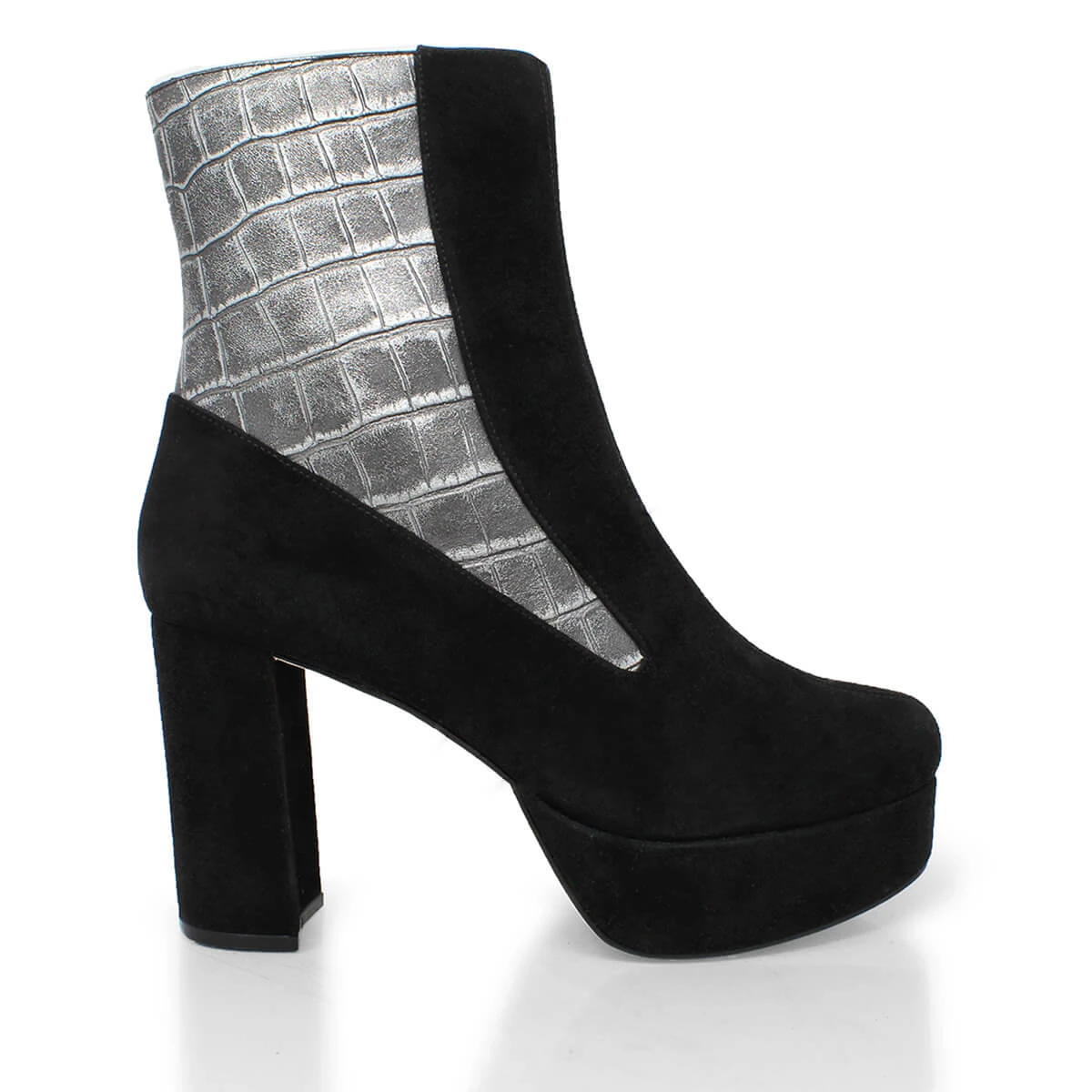 MARILINA 95 - Negro Y Plata Regina Romero Zapato Bota Botin Plataforma Tacon Alto Para Dama En Piel 1 MARILINA 95 - Negro Y Plata Regina Romero Zapato Bota Botin Plataforma Tacon Alto Para Dama En Piel