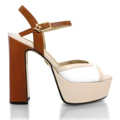 BINA 135 - Beige Y Tan Regina Romero Zapato Sandalia Plataforma Tacon Alto Para Dama En Piel