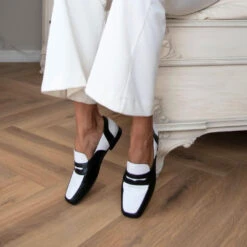 CLARK - Blanco Y Negro Regina Romero Zapato Mocasin De Piso Para Dama En Piel -Reginaromero Tienda de ventas Regina Romero zapato mocasin Clark blanco negro piel 9