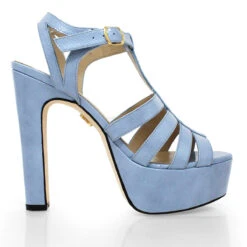 ROMI 135 - Charol Azul Claro Regina Romero Zapato Sandalia Plataforma Tacon Alto Para Dama En Piel